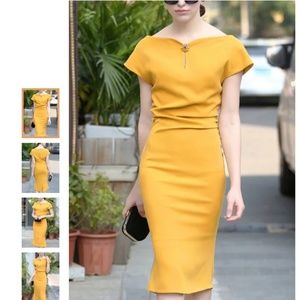 Yellow Slit Solid Sheath Elegant Midi Dress
